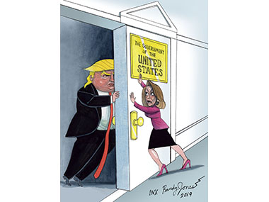 President Donald Trump pushing his way into congress but blocked by Nancy Pelosi