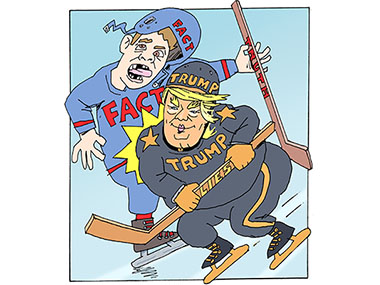 Trump and Facts playing hockey. 