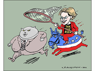 Elizabeth Warren riding a democrat donkey trying to catch a business pig. 