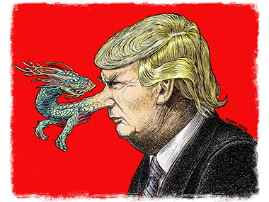 Surreal image of President Trump with his nose transforming into a chinese dragon that is looking back at him