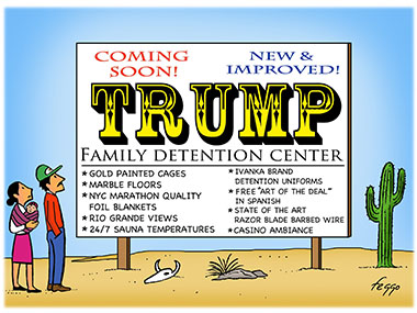 Family looking at a sign for the soon to be opened Trump Family Dentntion center.