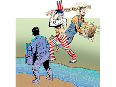 Uncle Sam hitting worker by accident while swinging Tariffs two by four. 