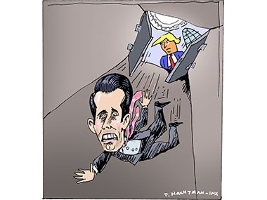 Donald Trump Jr falling through a trap door