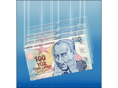 Turkish Lira falling in Value with Worried looking Turkish President on the currency