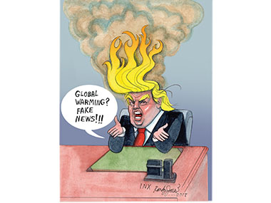 President Trump with hair on fire denying climate change