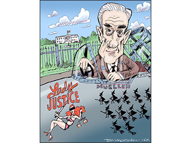 Bob Mueller flying lady justice with marks for shooting down witches. 
