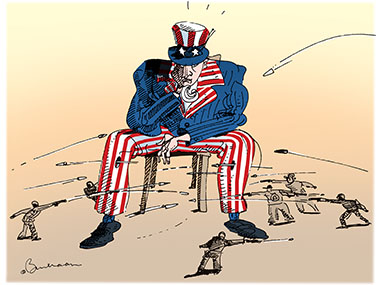 Uncle Sam sits in the middle of people shooting at each other. 