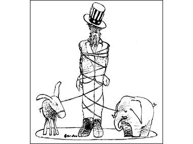 Donkey and Elephant tie up uncle sam