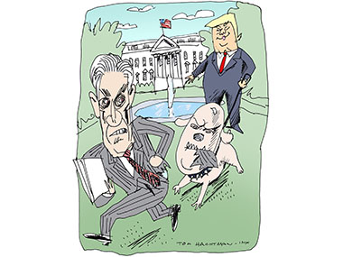 Mueller being chased by Trump with a dog that looks like AG Whitaker