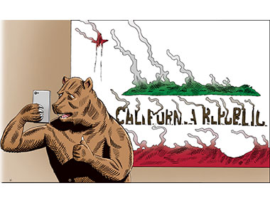 California Bear takes selfie with burned California flag