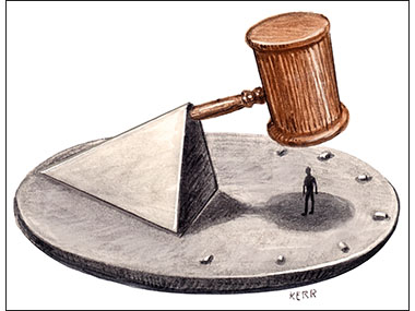 Sundial with gavel over a man