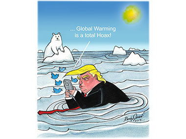 Trump Tweeting from the north pole about climate change hoax while polar bear looks on sadly