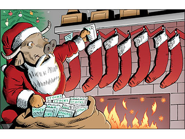 Wall Street gets holiday bonus from a pig dressed as Santa