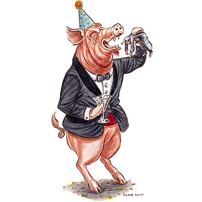 Bank pig consuming student while celebrating