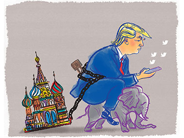 President Donald Trump tweets riding on a GOP Elephant while dragging a symbol of Russia